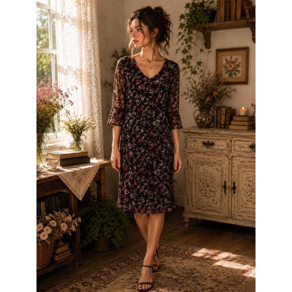 Allison Brittney Petite L Blk Floral Mesh Dress Bell Sleeve Whimsigoth Romantic